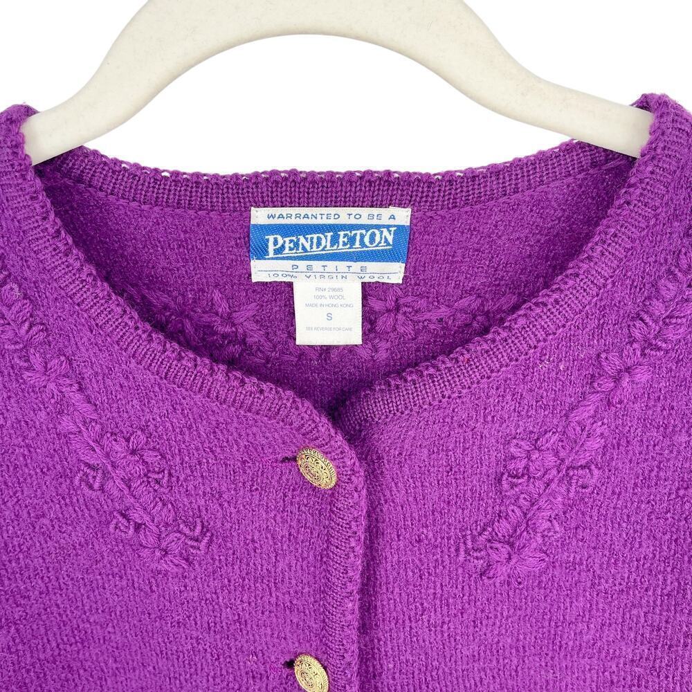 Vintage Pendleton 100% Virgin Wool Cardigan Purple Gold Button Small Petite 90s - Picture 11 of 11